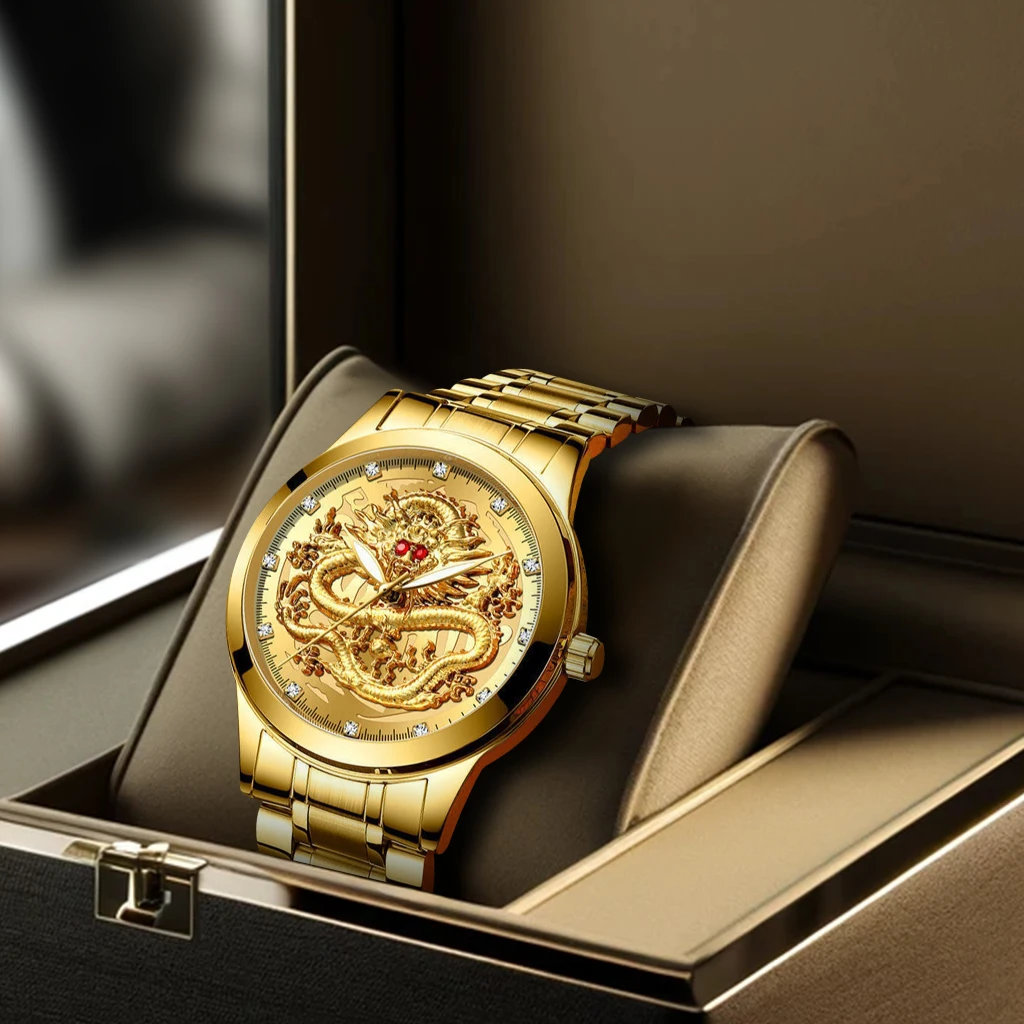 

New men's gold steel strip fashionable and elegant night light finely carved fully automatic golden dragon quartz watch