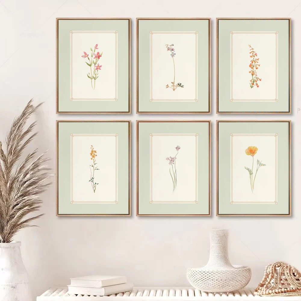 Antique Botanical Mint Green Floral Plants Illustration Poster And Prints Canvas Painting Aesthetic Wall Art Pictures Home Decor