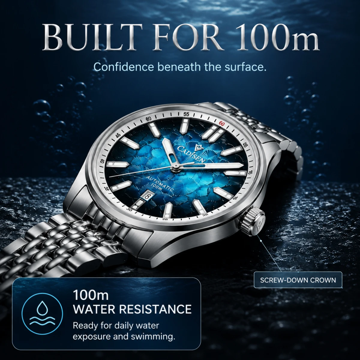 CADISEN Automatic Mechanical Sapphire Watch Man Silver Business Casual 10ATM Waterproof Japan MIYOTA 8215 Movement Watch Men+Box