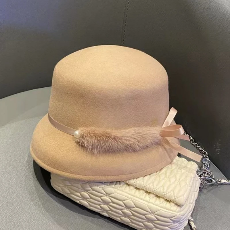 Niche design style white mink hair bow fisherman hat retro Heben style senior top hat women's fashion banquet lampshade hat