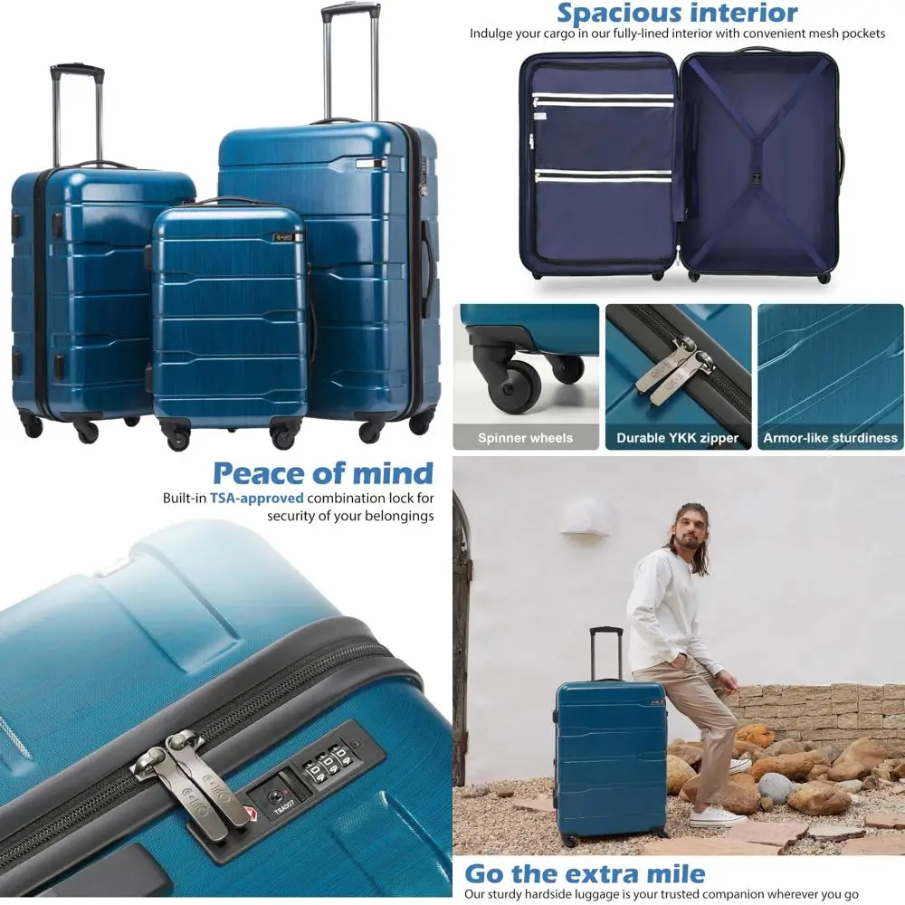 

Расширяемый комплект багажа из трех предметов-спиннера — материал ПК + АБС-пластик, карибский синий, 20, 24, 28, чемоданы с дополнительным пространством для путешествий