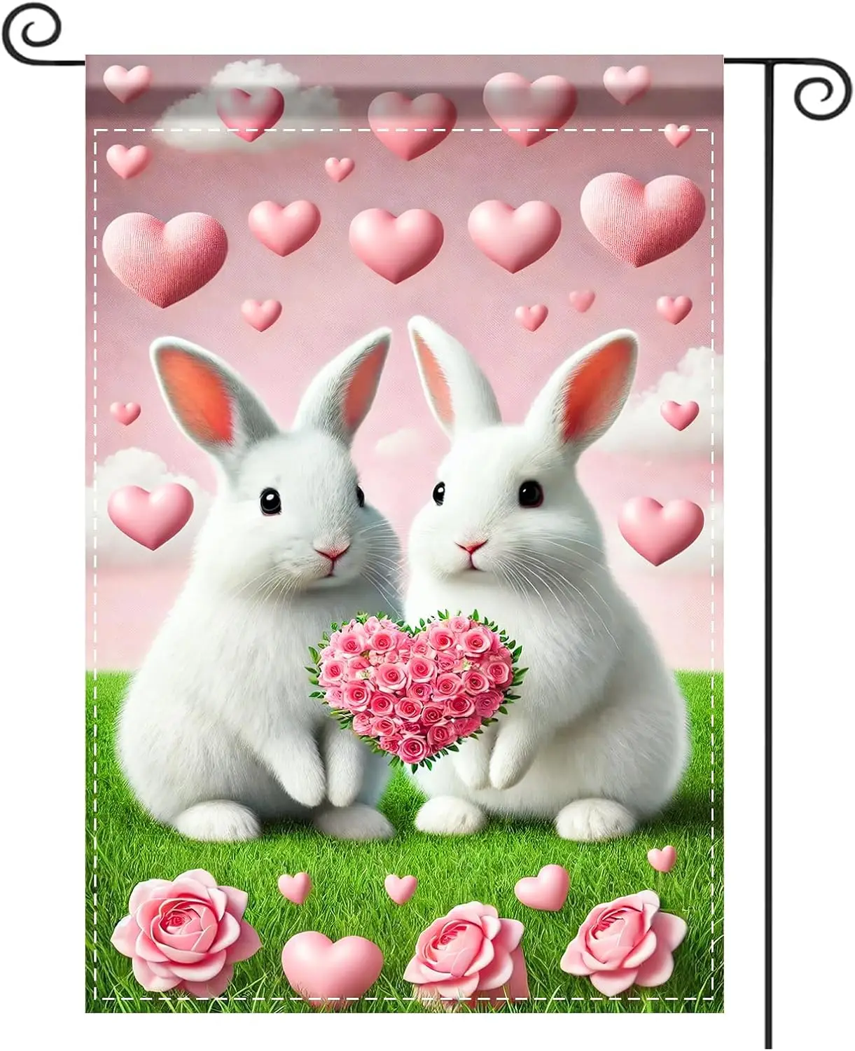 Nuxovilar Valentine Garden Flag Valentine's Day Flag Bunny & Heart Rose Design Polyester 12x18 Inches Valentines Day LLO LLX uui