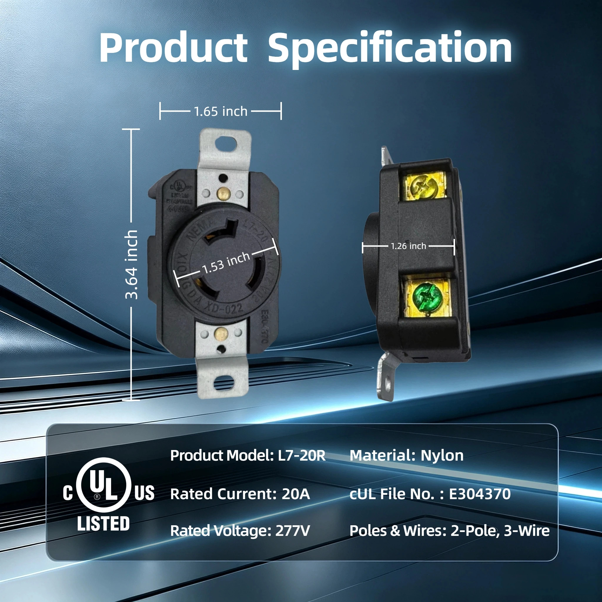 NEMA L7-20R 20A 277V Heavy Duty Locking Receptacle, 2-Pole 3-Wire Grounding Outlet for Generator, Industrial Equipment