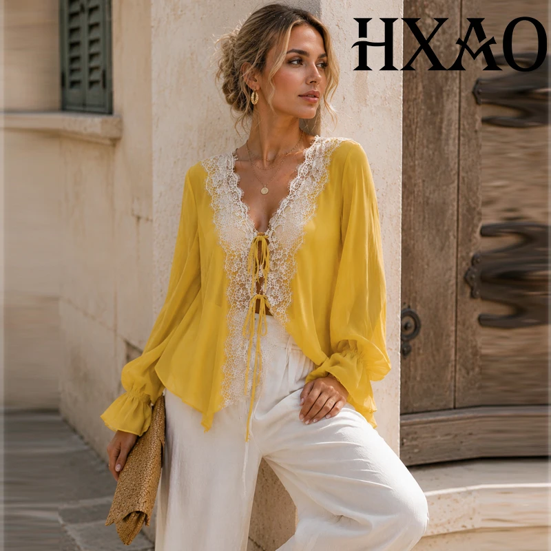 HXAO Ties Lace Up Women's Blouse Long Sleeve Yellow Chiffon Blouse Woman Patchwork Oversized Blouses Summer Sexy Sheer Blouses