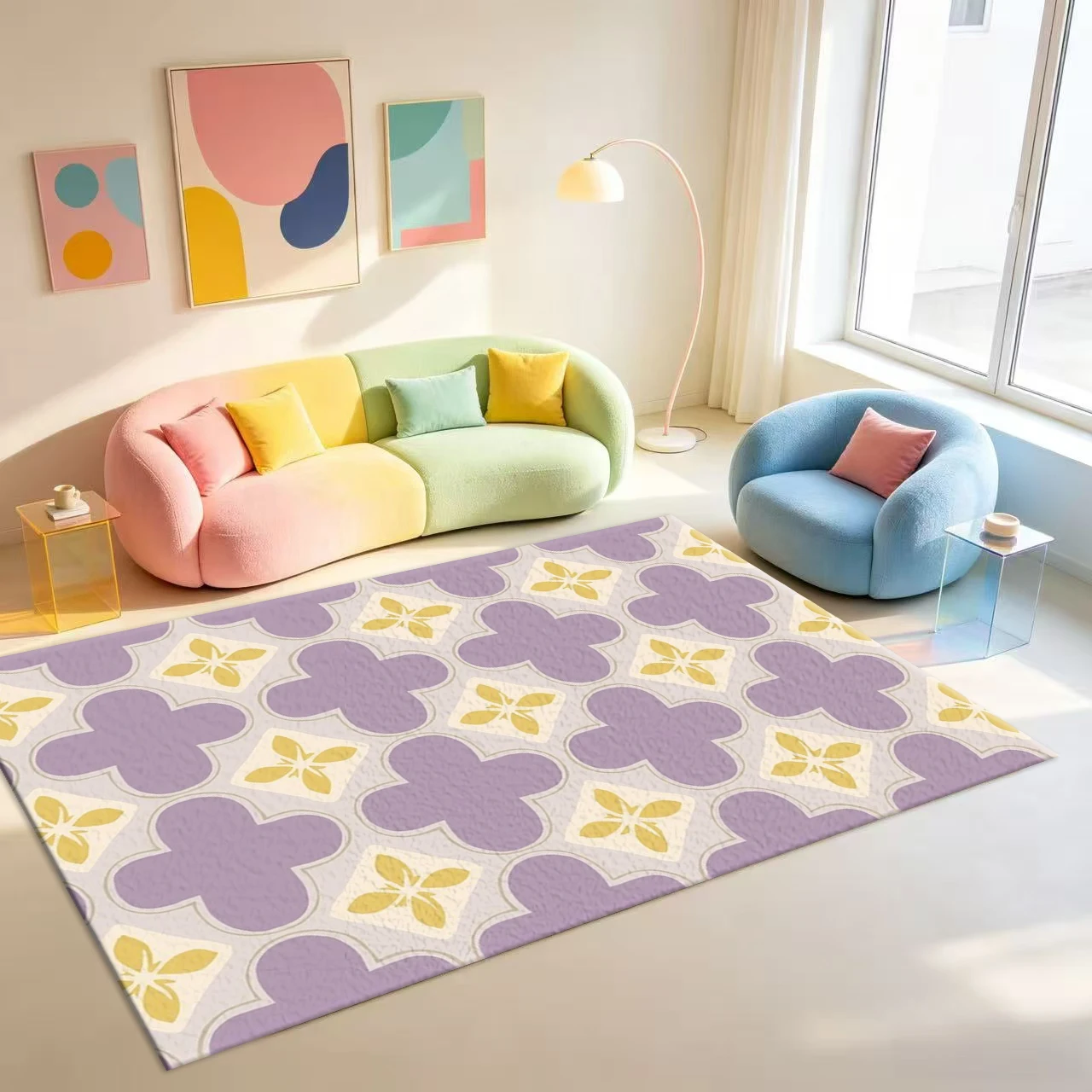 Light Purple Four-Leaf Clover Tile Carpet Retro Decorative Geometric Home Decor Carpet
