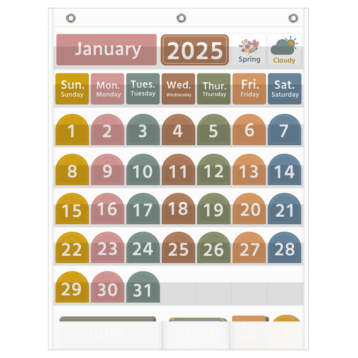 Gráfico de bolsillo con calendario grande con 96 tarjetas bohemias para el calendario mensual en el aula y gráfico de bolsillo meteorológico para aprendizaje de niños