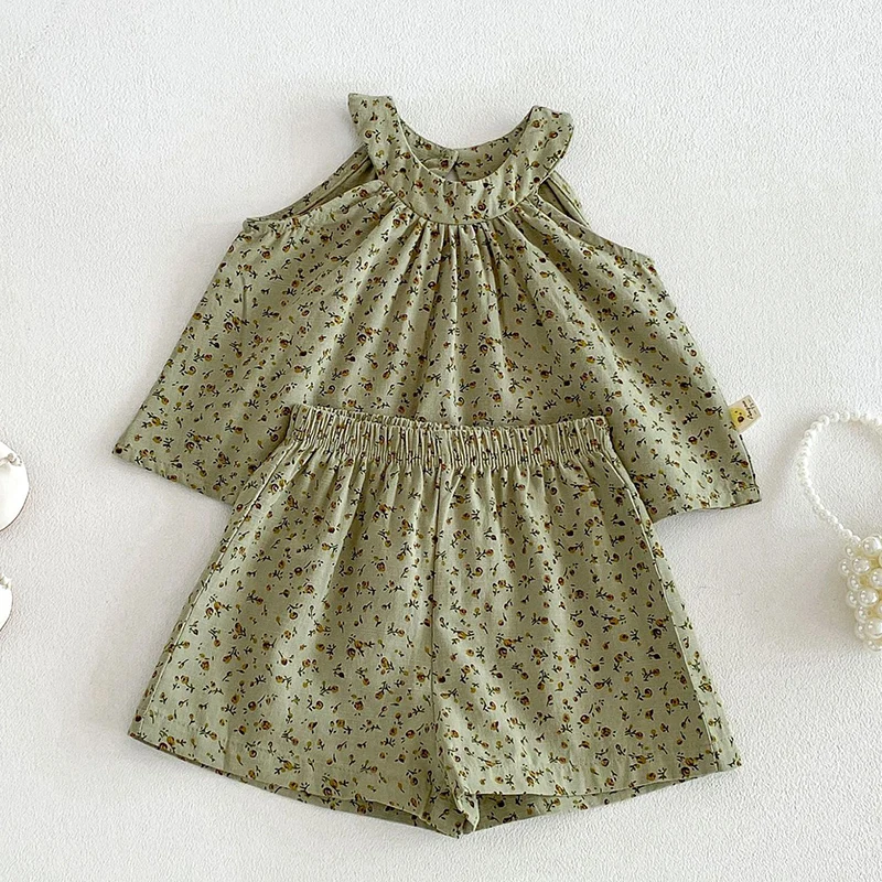 

2026 New Summer Korean Style 0-4Yrs Children Clothes Set Sleeveless Cotton Printed Vest+Shorts Toddler Baby Girl Clothes Suit