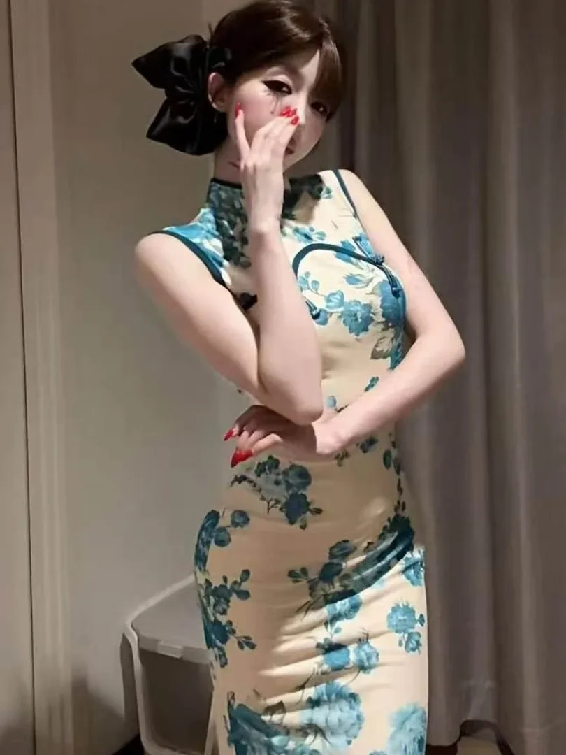 

Elegant Retro Print Chinese Style Sleeveless Long Dress Mesh Backless Skirt Wrap Body Beautiful Waist Cinched Summer Dress