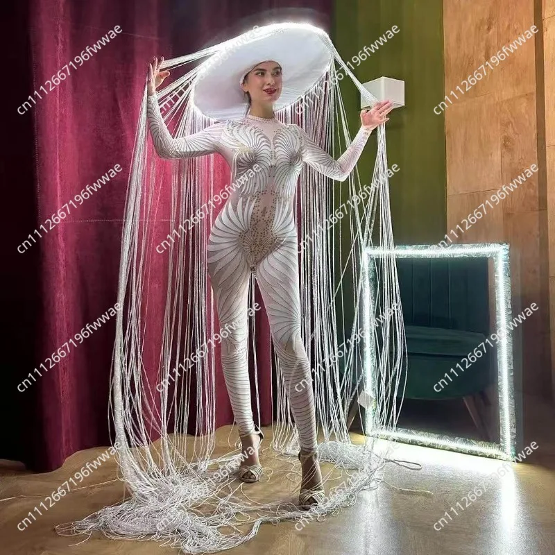 LED Luminous Hat Performance Costume Exaggerated Stage Wear with Fringe Large Hat Commercial Tour and Party Outfit Cool Veil Hat