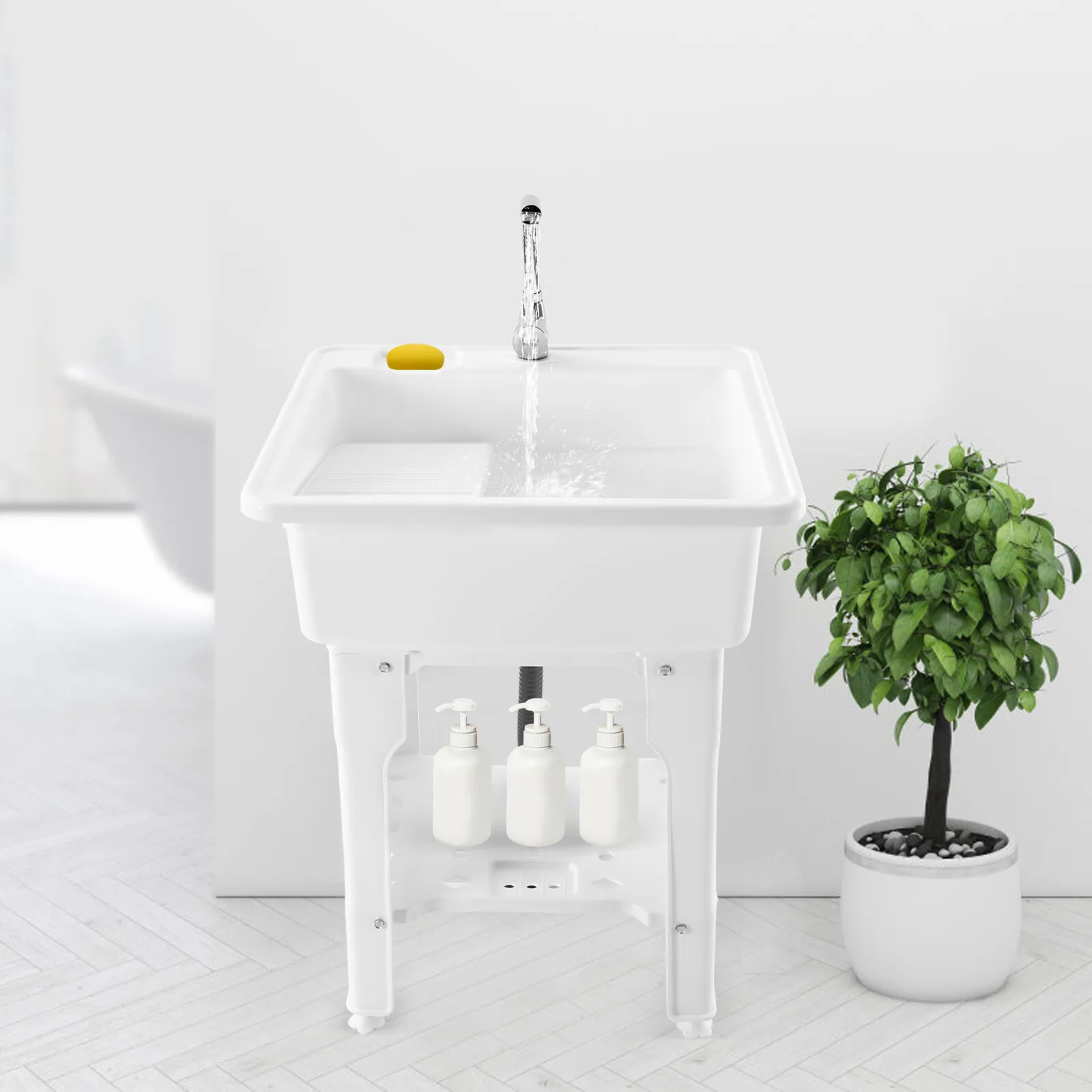 

Multifunctional Freestanding Laundry Sink with Washboard and Hot Cold Faucet for Indoor Outdoor Use