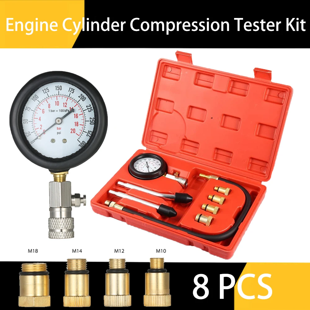 Engine Compression Tester 8PCS Engine Cylinder Pressure Gauge for Petrol Gas Engine 0-300PSI with Adapters for Car Truck ATV UTV