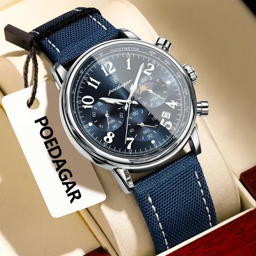 Imagen 2 del producto Reloj de pulsera POEDAGAR militar de lujo para hombre, cronógrafo luminoso resistente al agua con fecha, reloj de cuarzo para hombre, relojes deportivos de cuero de nailon para hombre