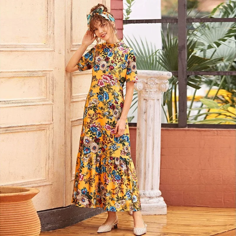 European and American Women's Clothing 2023 Summer New Fashion French Round Neck Printed Dress in Stock Vestidos