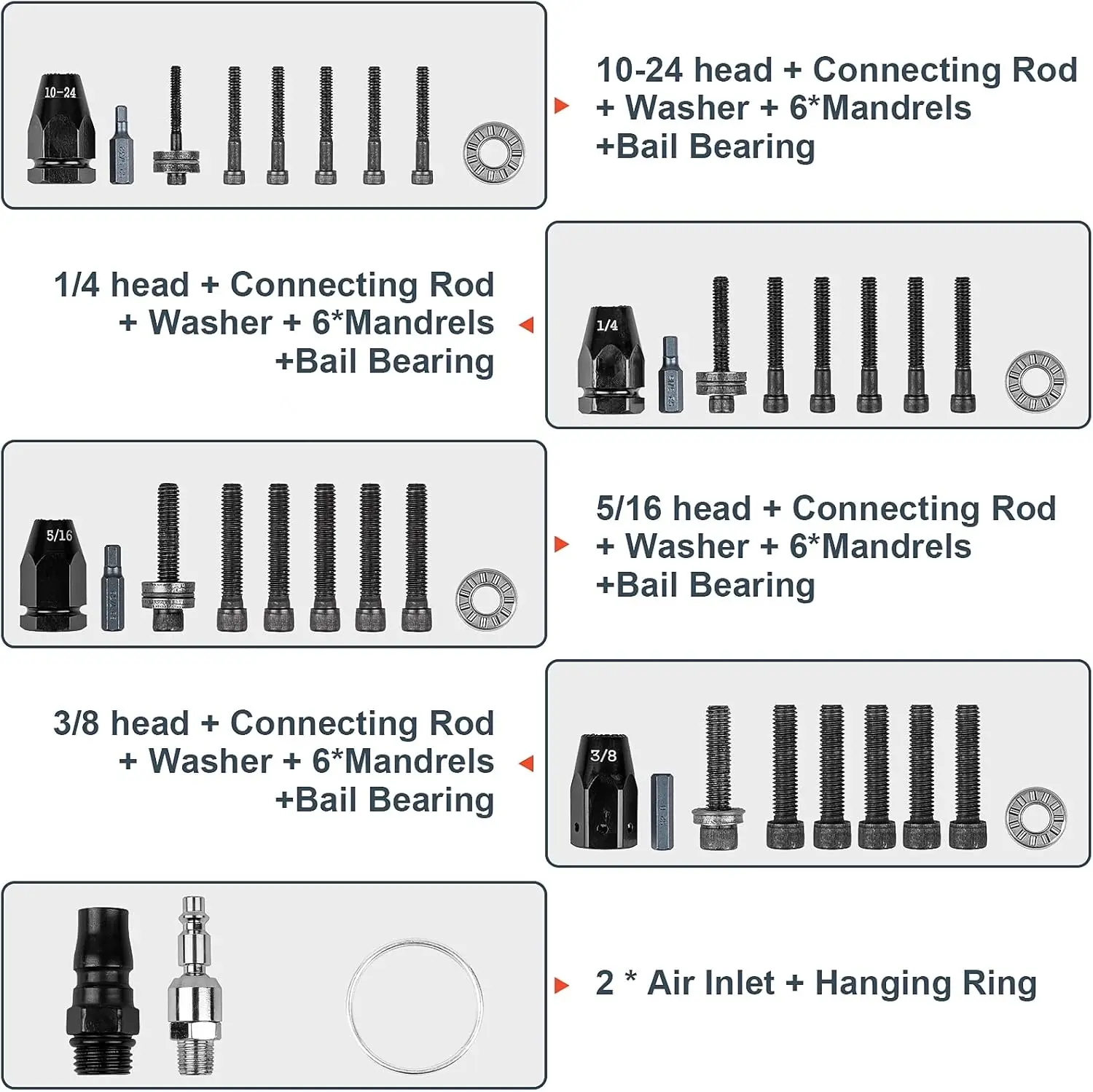 Pistol paku keling dengan kepala penguncian otomatis, Kit Alat keling udara 10-24 & 1/4 & 5/16 & 3/8 dengan kecepatan yang bisa disesuaikan dengan 4 ukuran