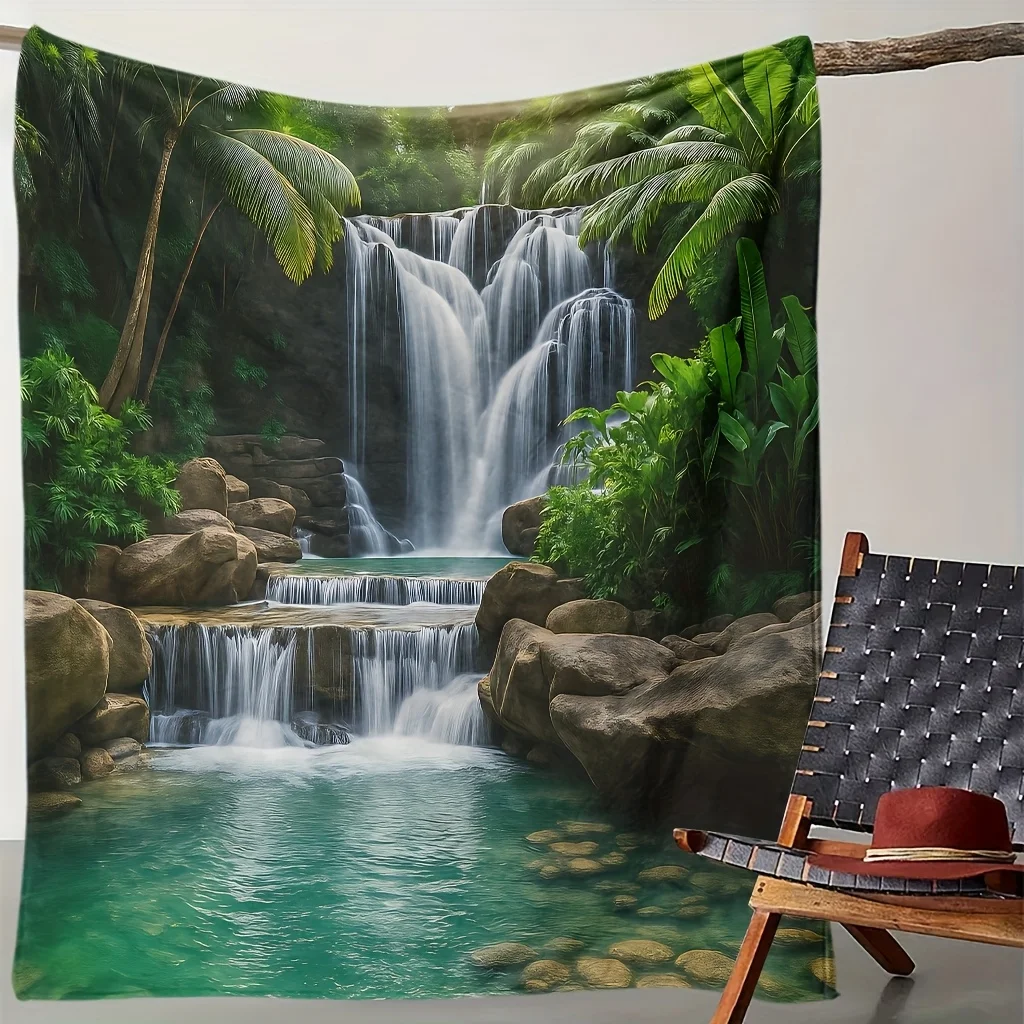 Tropical Waterfall Forest Print Throw Blanket Boho Chic Nature Landscape Outdoor Decor Cozy Gifts