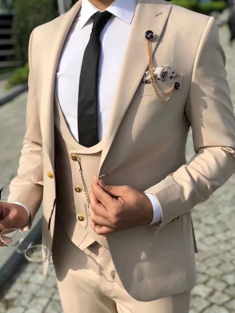 Beige Men's Suits Custom Slim Fit 3 Piece Italian Style Custom Wedding Groom Tuxedo Business Fashoin Suit (Jacket+Pant+Vest)