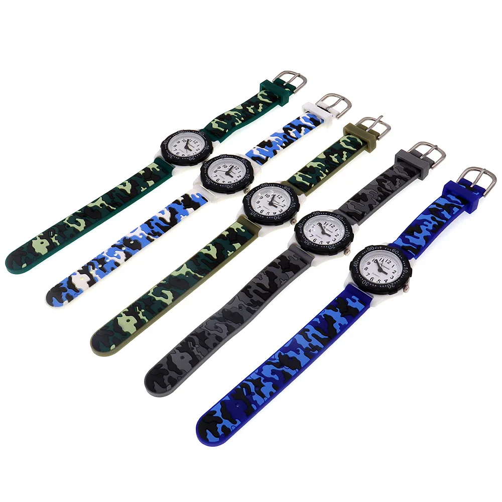 5Pcs Kids Camouflage Silicone Strap Quartz Watches Set Fashionable Waterproof Wristwatches