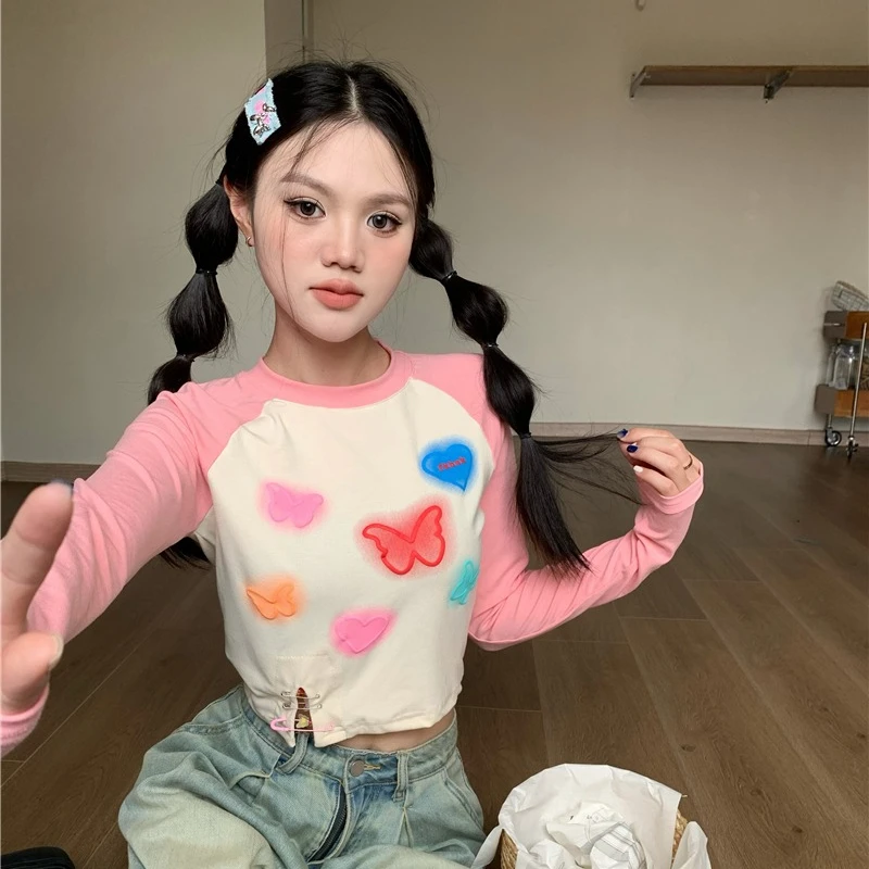 Women's T Shirt Spring New Color Collision Butterfly Print Long Sleeve Tops Sweet Versatile Short Tees Female Graphic T-shirts