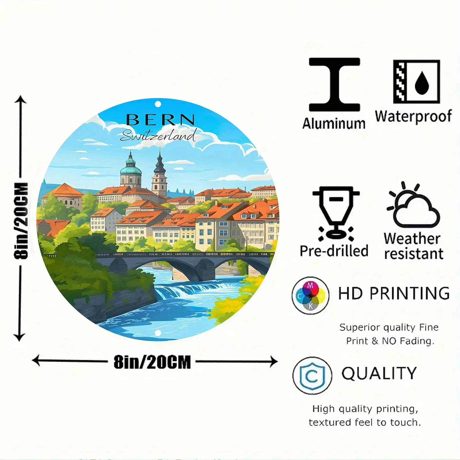 Bern Switzerland Illustrated Aluminum Metal Sign - 1pc Durable Round Wall Decor with Vibrant HD Printing, Pre-Drilled for Easy H