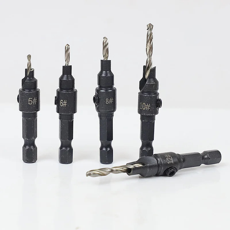 5pcs Countersink Drill Woodworking Drill Bit Set Cordless Step Drill Bits For Screw Sizes #5 #6 #8 #10 #12