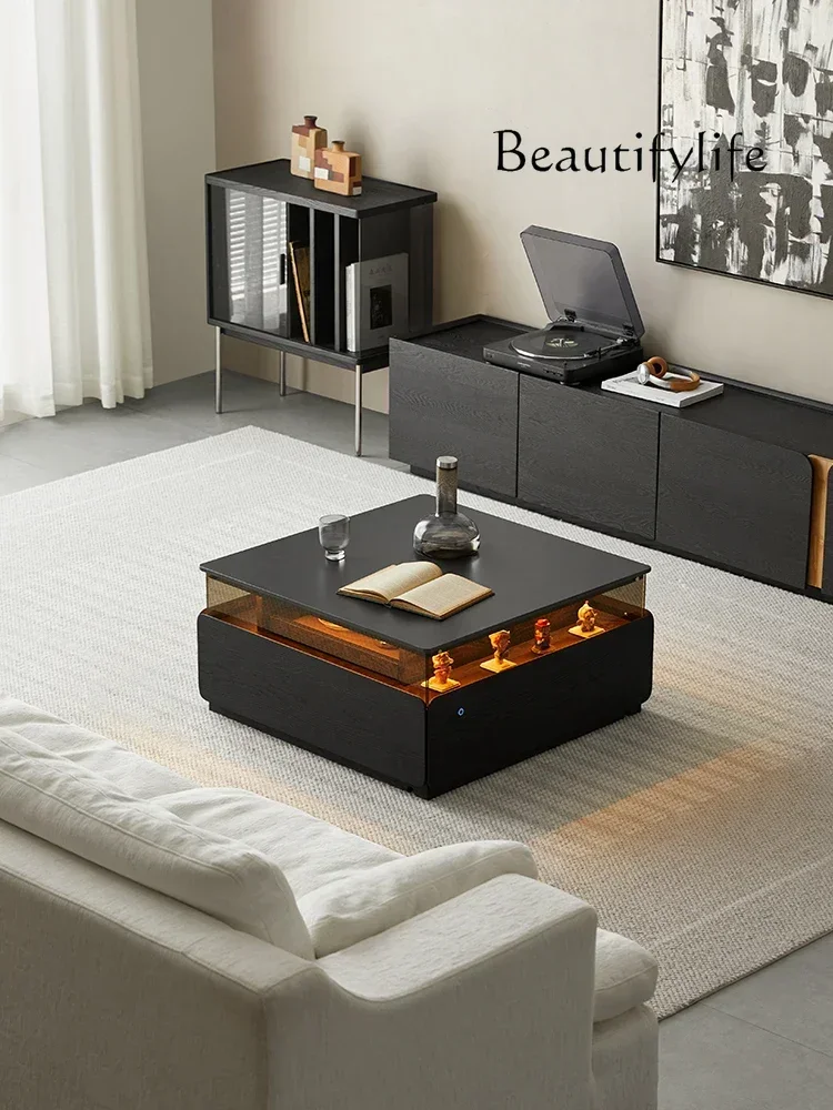 Black Square Stone Plate Coffee Table Lighting Atmosphere Solid Wood Modern Minimalist Home Tea Table