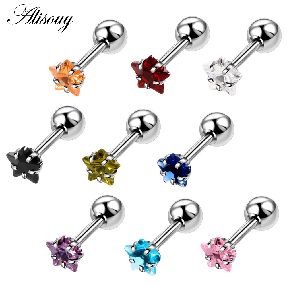 2 Pieces Star Prong Set Zircon Ear Cartilage Piercing Tragus Helix Studs Piercing 1.2x6x4/4mm Stainless Steel Girl Earrings