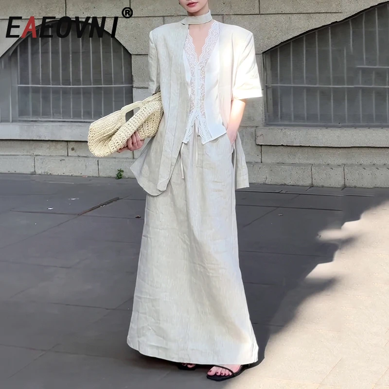 

EAEOVNI Linen Fashion Women 3 Piece Set V Neck Bandage Blazer Coat + Lace Design Blouse Long Skirt Elegant 2025 New 1A1167