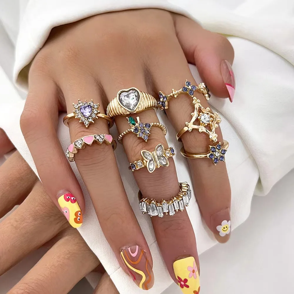 9pcs/Set Love Butterfly Star Moon Synthetic Gems Combination Rings Women's Party Favors Rings