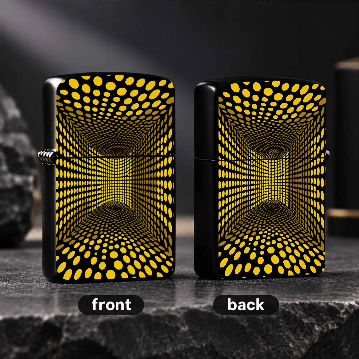 Creative Yellow Black Dot Visual Illusion Pattern Lighter, Stylish Immersive Geometric Art Portable Ignition Device, Suitable For Outdoor Camping Home Gathering Daily Use Scenarios, Unique Eye-Catching Decorative Access A Humorous And Inter
