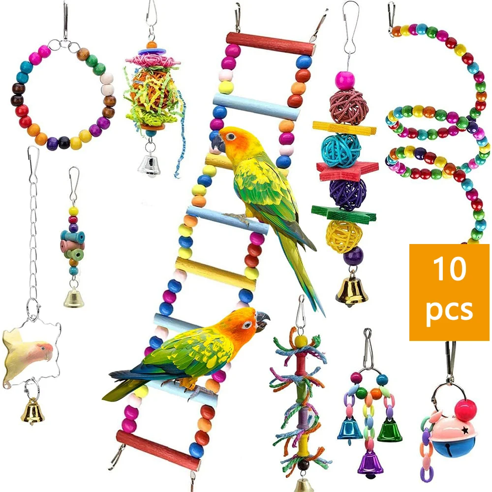 Combination Bird Toys Set Swing Chewing Training Toys Small Parrot Hanging Hammock Parrot Cage Bell Perch Toys with Ladder Toys