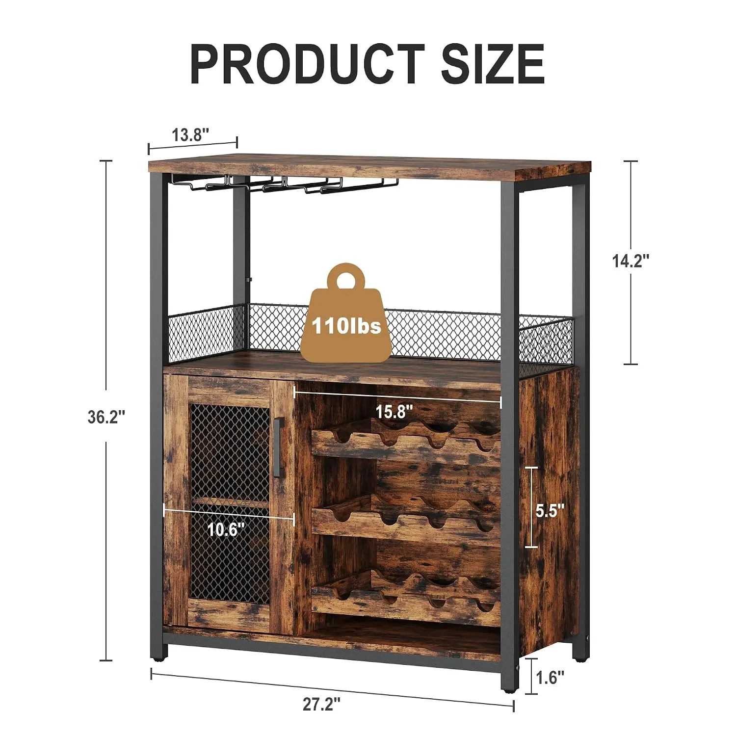 Industrial Bar Cabinet with LED Light & Glass Rack, Adjustable Wine Storage, Mesh Door & Baffle, Retro Home Bar, Customized