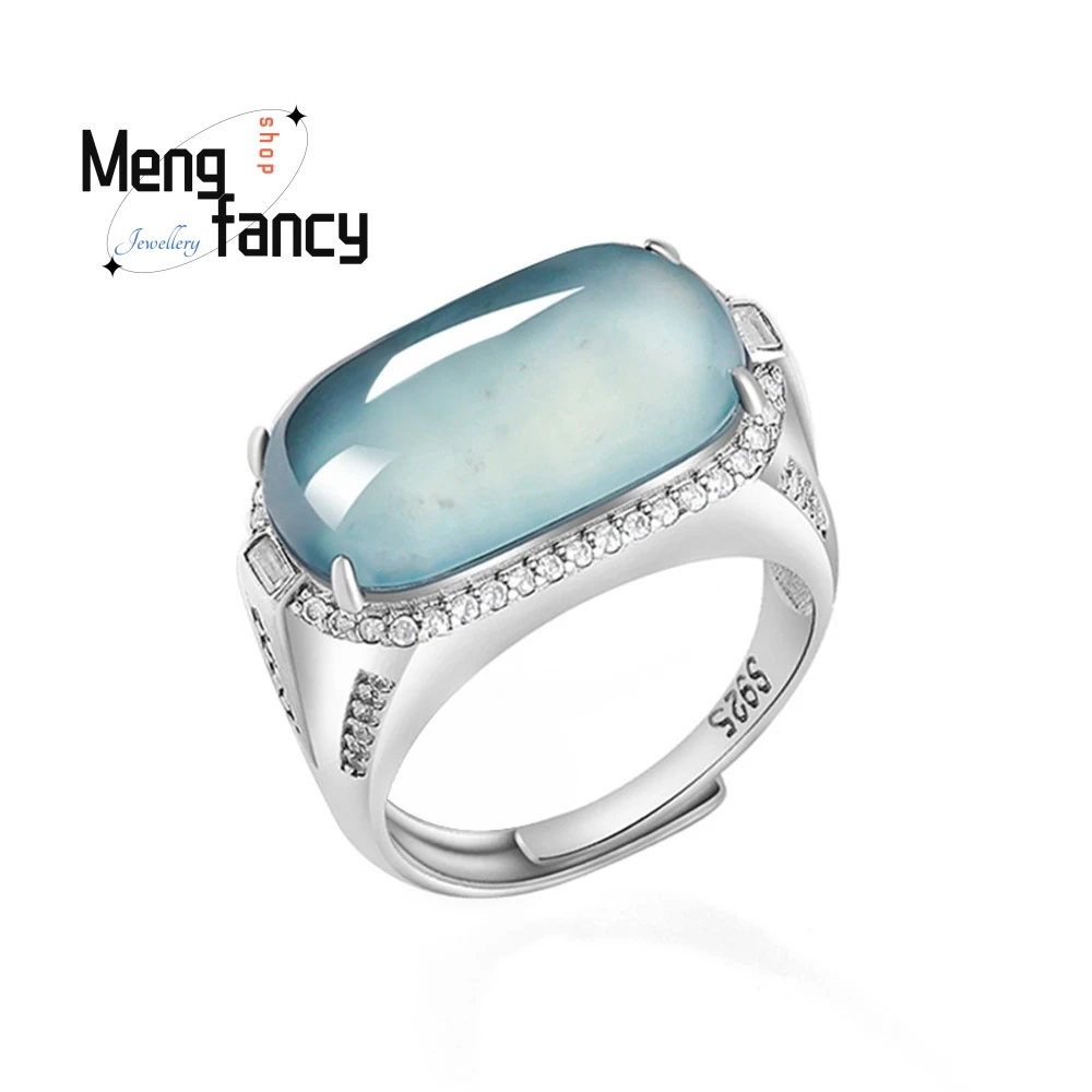 

Кольцо-седло из натурального нефрита А-класса с синей водой, модное кольцо из серебра S925 ледяного типа для мужчин, регулируемые модные украшения