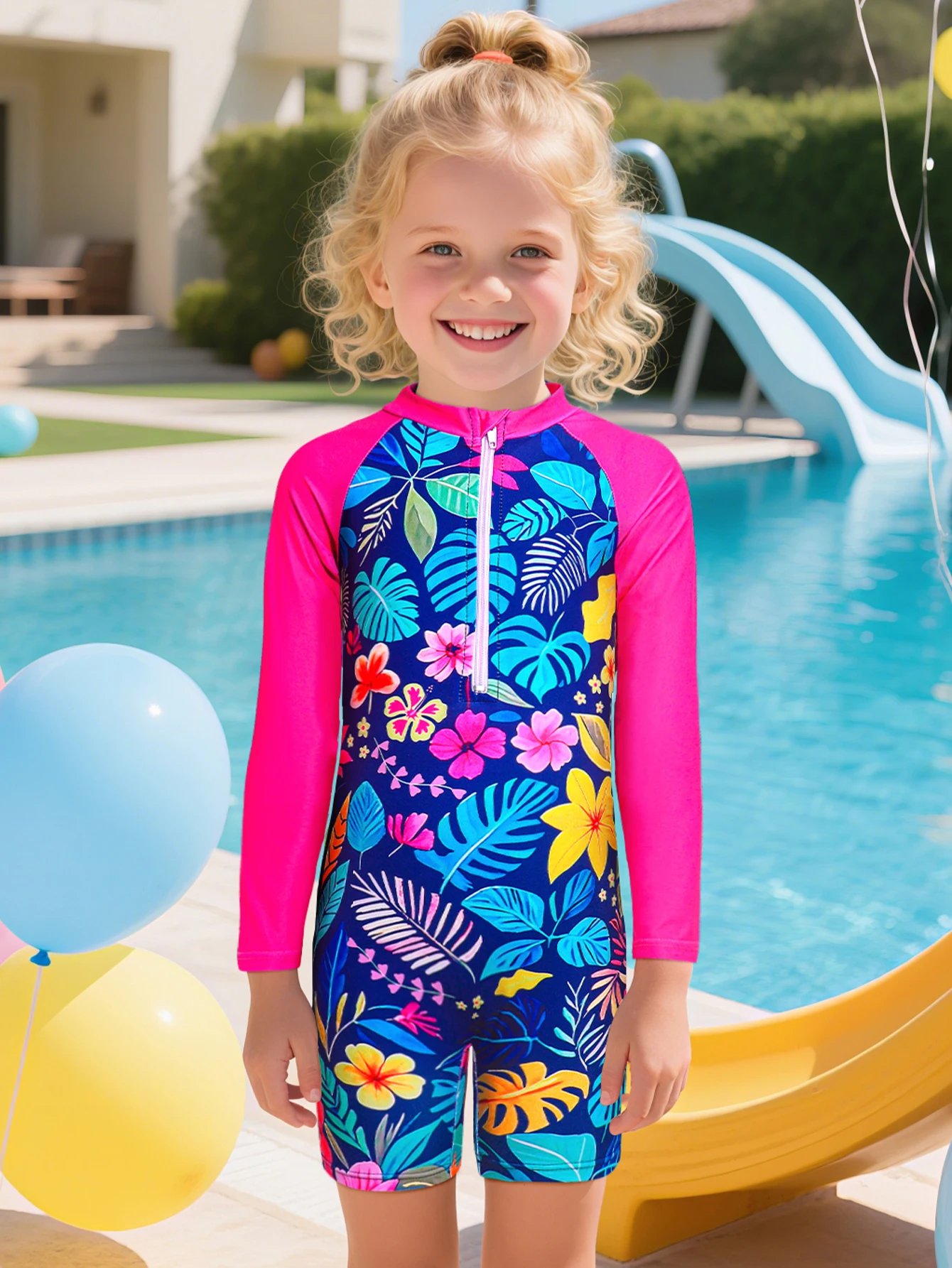 Girls One Piece Swimsuits Hawaiian Swim Shirts Tropical Plant Flowers Swimwear Zipper Front Bathing Suit