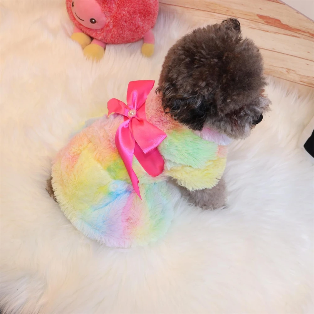 Pet Autumn/Winter Rainbow Dress Leopard Print Dress Colorful Cute Pretty Bow Pet Dress Chihuahua Yorkshire Dress Pet Plush Dress