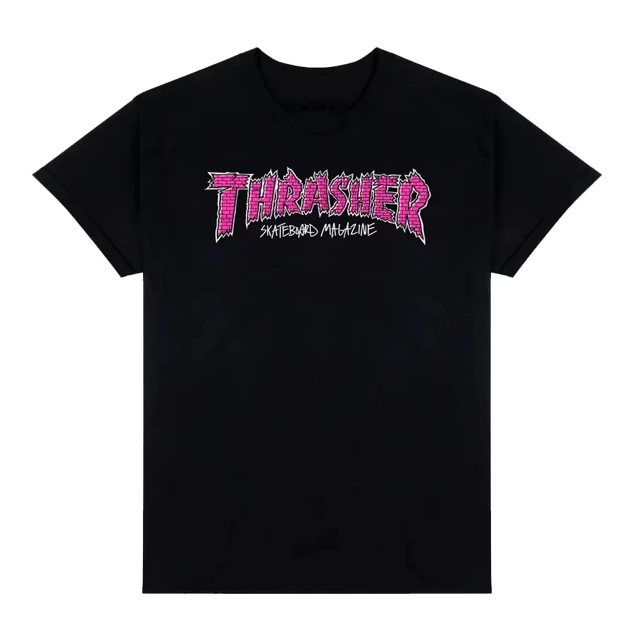 2026 Men Skate Punk Graphic T‑Shirt Jagged Brick‑Texture Letter Logo Print Black Streetwear Short Sleeve Tee