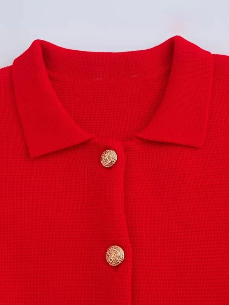 Suéter cardigã de malha com botões dourados para mulheres, manga comprida, gola de lapela, agasalhos femininos, tops chiques, moda