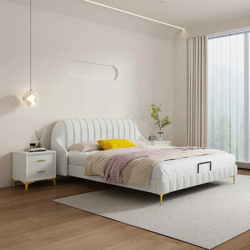 Home Furniture Modern Simple Wholesale Price Excellent Upholstered Solid Wood Frame Blue White Soft Leather Queen Bed for Adult