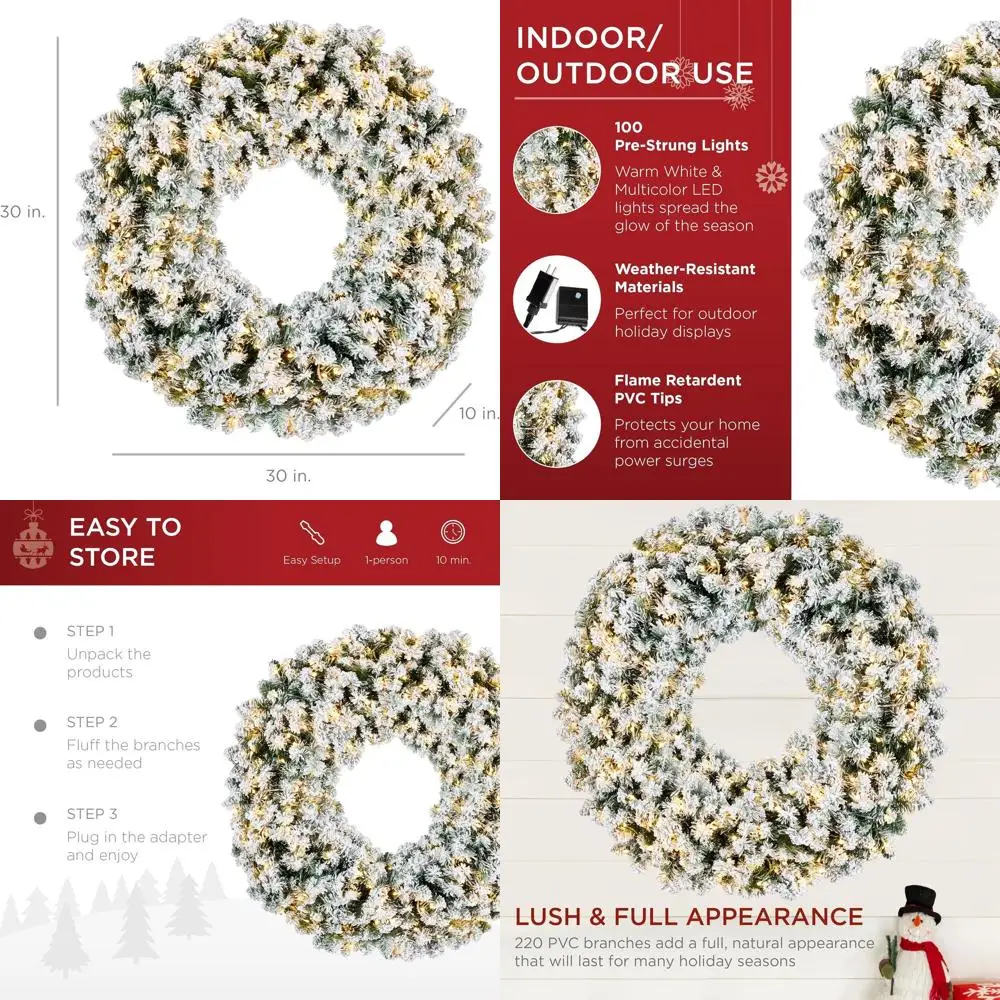 

30 Pre-Lit Flocked Artificial Fir Christmas Wreath with 100 Dual-Color LED Lights and 220 PVC Tips