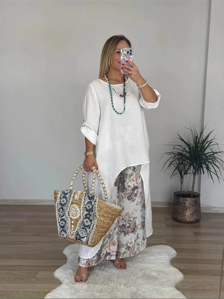 Conjunto de dos piezas de pantalones de pierna ancha con estampado retro, Top Irregular informal de Color sólido a la moda, conjunto de pantalones de lino y algodón para mujer