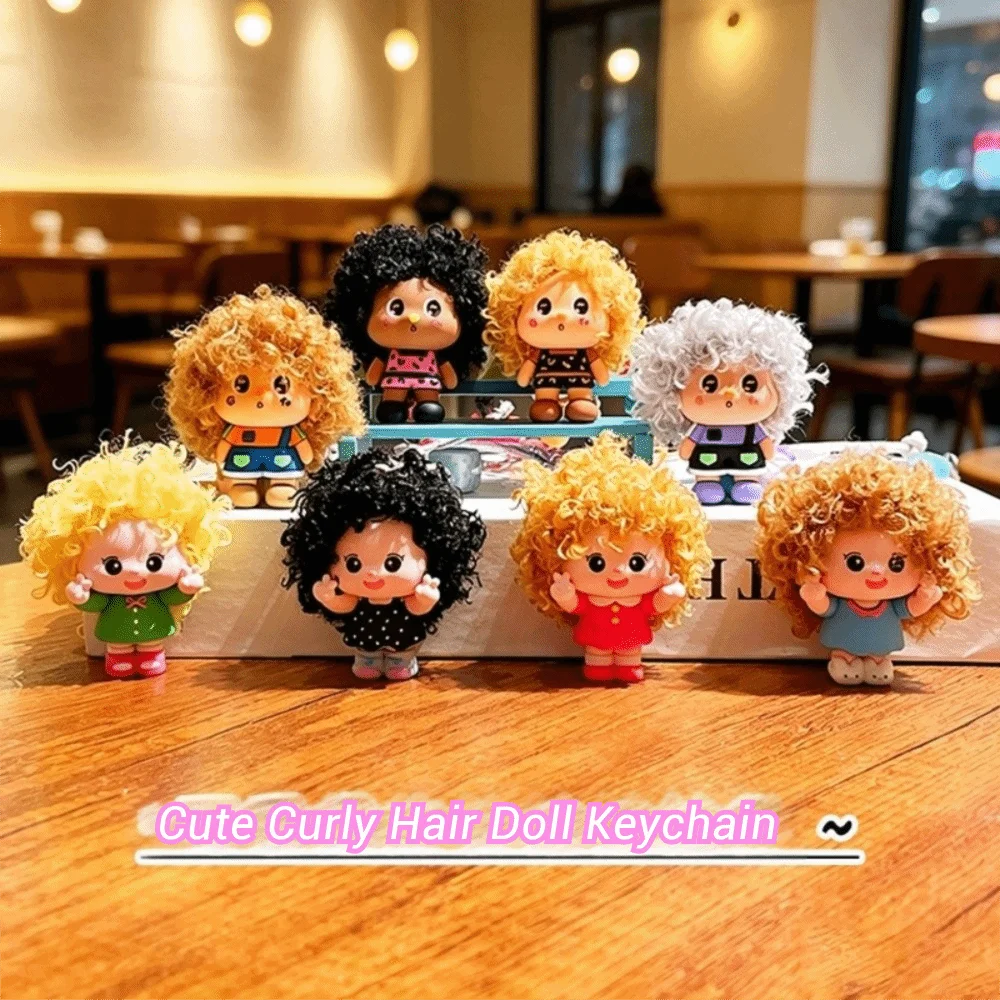 Fashion PVC Curly Hair Doll Keychain Cartoon Dopamine Doll Bag Pendant with Lanyard Car Key Ring Bag Charm