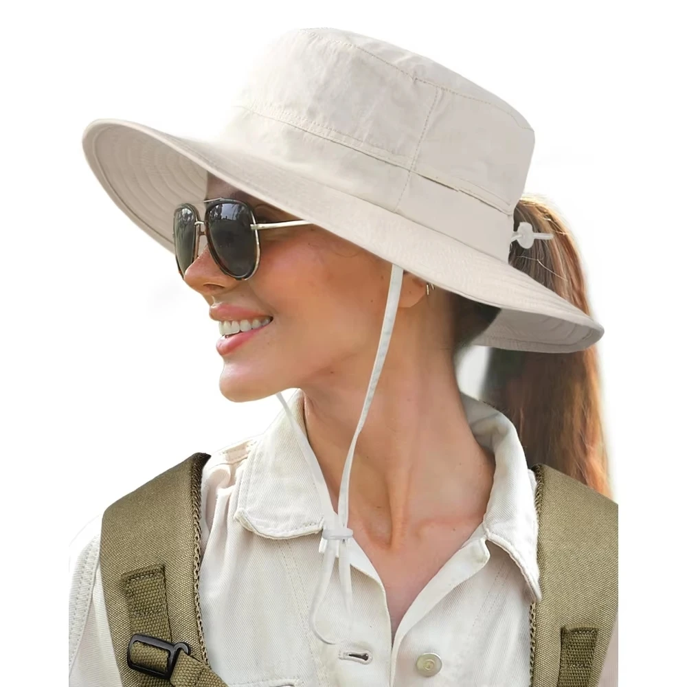 Sun Hats for Women Gardening Hat Wide Brim Ponytail Beach Sun Protection Breathable Cotton Summer Hat with Fold-Up Brim