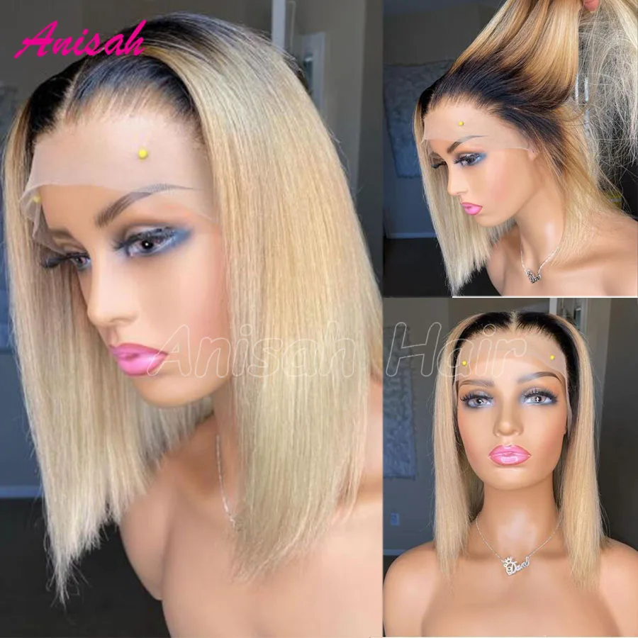 

Ombre Honey Blonde Colored Short Bob Human Hair Lace Front Wigs For Women Pixie Cut 13X4 Lace Frontal Wigs Preplucked