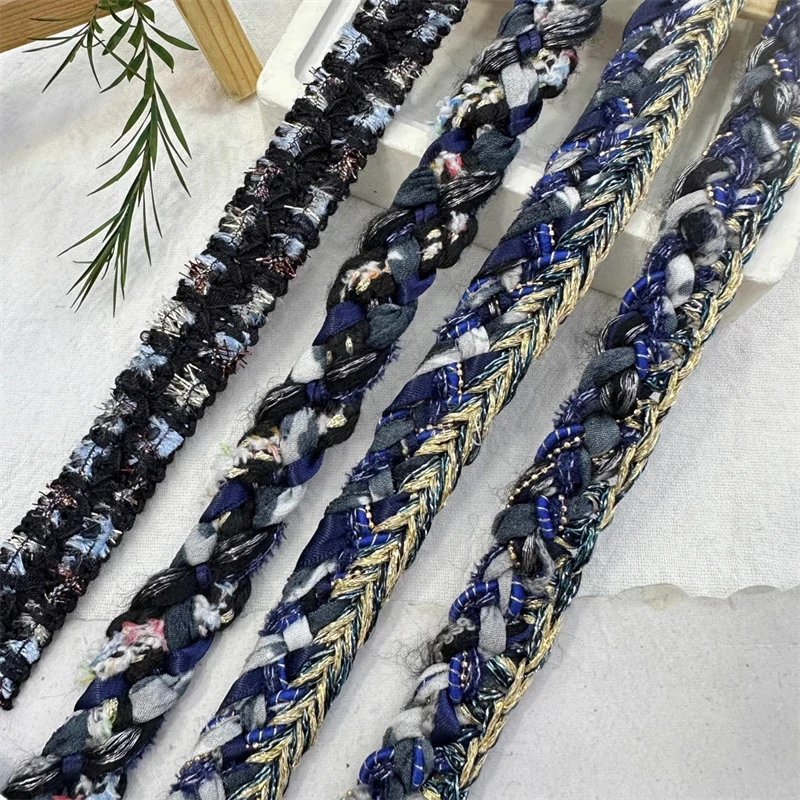 1.5cm Wide Handmade Black Blue Ribbon with Gold Thread Weaving Tweed Lace Clothing Color Matching Edge Pressing Strip Webbing