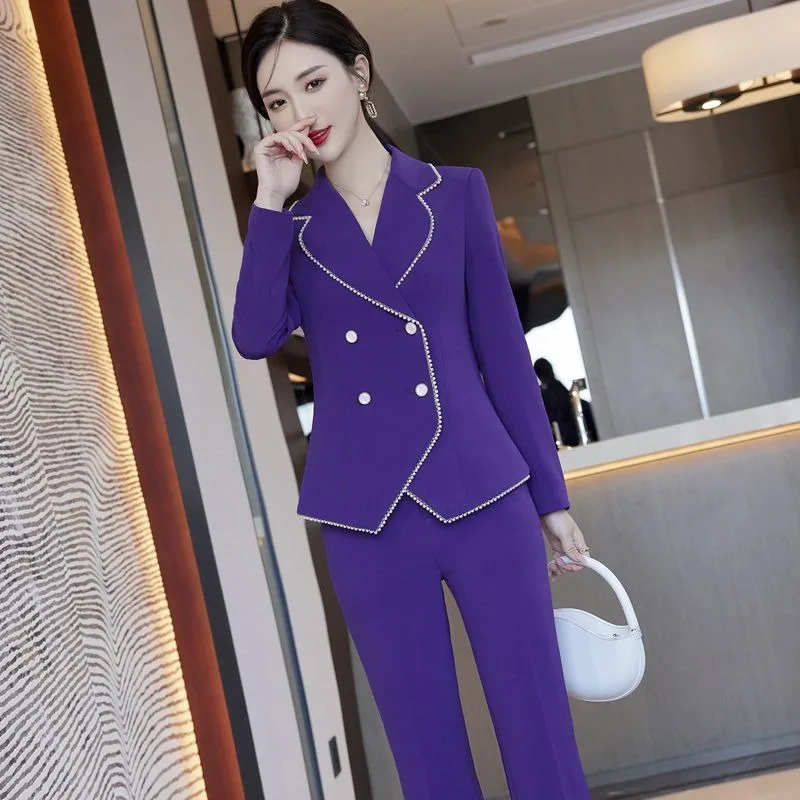 

Lnsozkdg Elegant Purple Women Formal Professional Business Suits Pants + Jackets Coat Career Interview Pantsuits Trousers Set