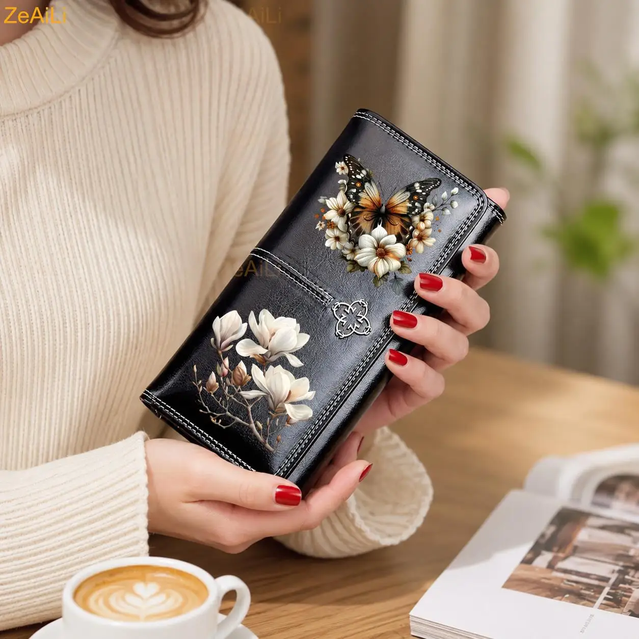 Elegant Magnolia Butterfly Flower PU Wallet Luxury Long Purses for Cards Holder Wallets with Zip Coin Pocket Ladies Handbags