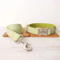 Personalized Dog Collar Custom Pet Collar Free Engraving ID Name Tag Pet Accessory Green White Plaid Puppy Collar Leash