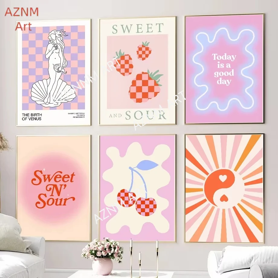 Sweet Sour Strawberry Cherry Sun Love Quotes Wall Art Canvas Painting Nordic Posters Prints Wall Pictures For Bedroom Home De