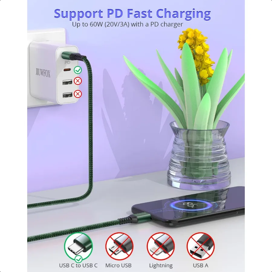 كابل USB C إلى USB C بطول 10 أقدام و3 عبوات 10 أقدام و60 وات كابل USB C شحن سريع لهاتف سامسونج جالاكسي S25 S24 iPhone 16 15 iPad Pro iPad Air i
