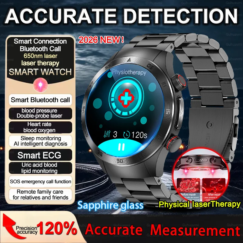 

2026 New Sapphire Glass Health Monitoring Smart Watch Laser Therapy Blood Fat Uric Acid Accurate ECG+PPG Smart Watch Men Women