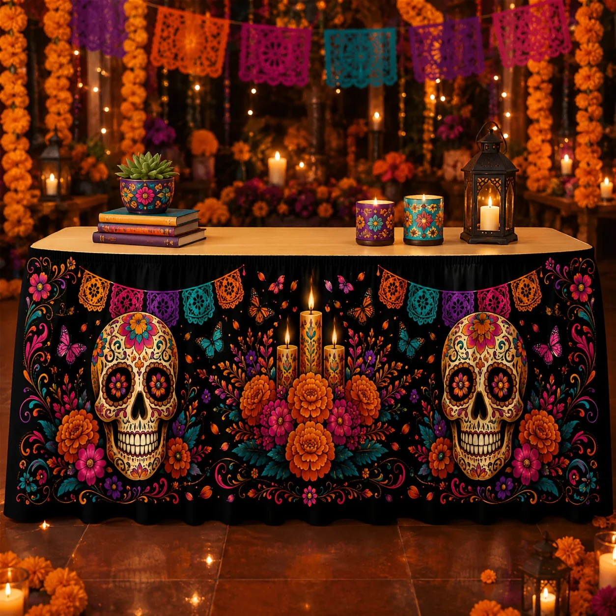 1 Tablecloth table skirt, Day of the Dead Skull sugar Marigold butterfly candle paper carving cut print decoration